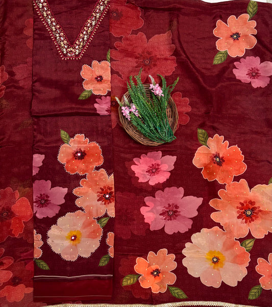 Satin Organza Rust Red Suit Fabric / Partywear Collection