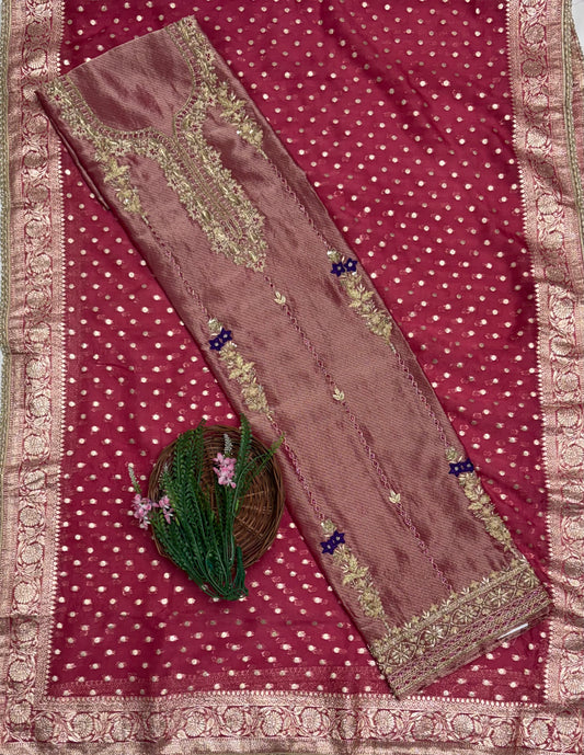 Banarasi Organza Carrot Pink Suit Fabric / Partywear Collection