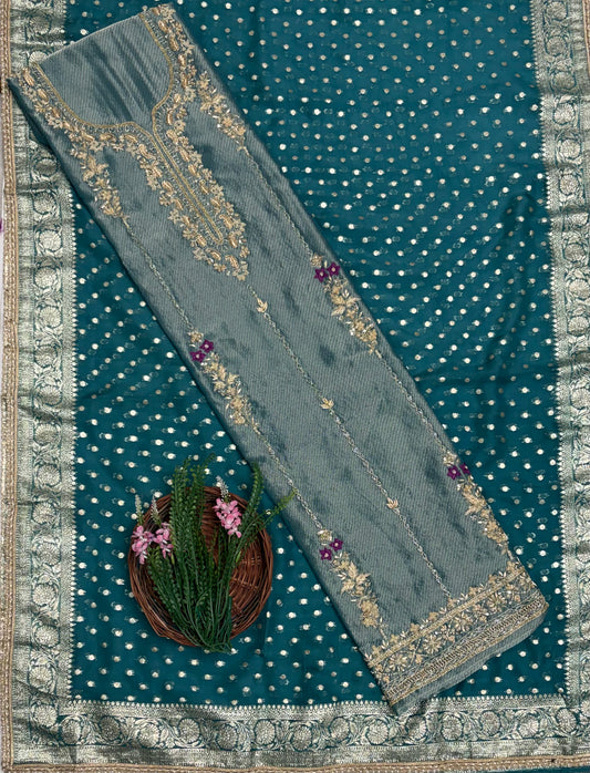 Banarasi Organza Teal Blue Suit Fabric / Partywear Collection