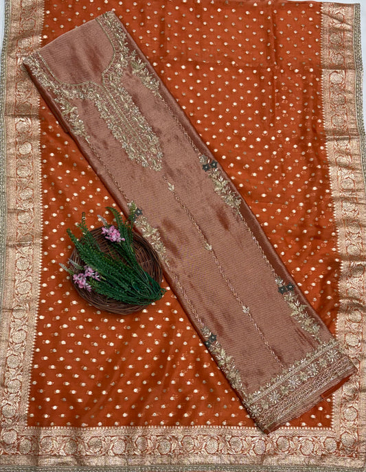 Banarasi Organza Rust Orange Suit Fabric / Partywear Collection