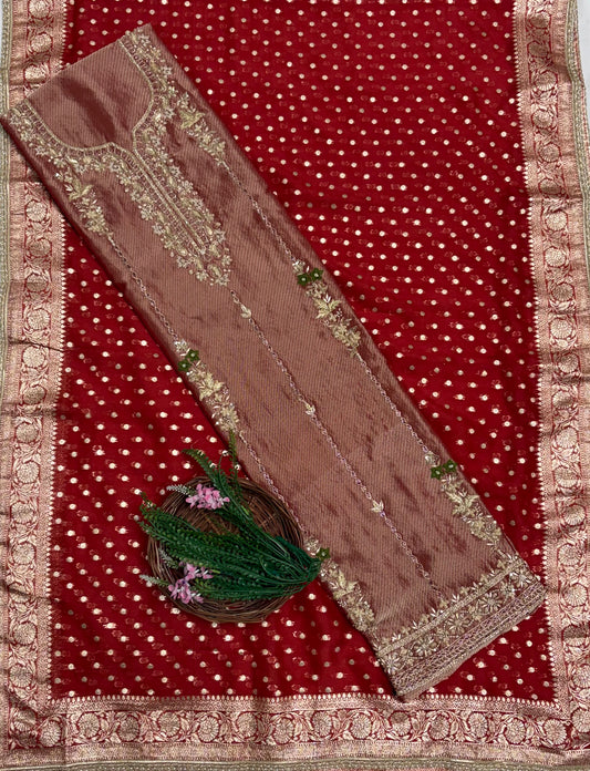Banarasi Organza Red Rust Suit Fabric / Partywear Collection
