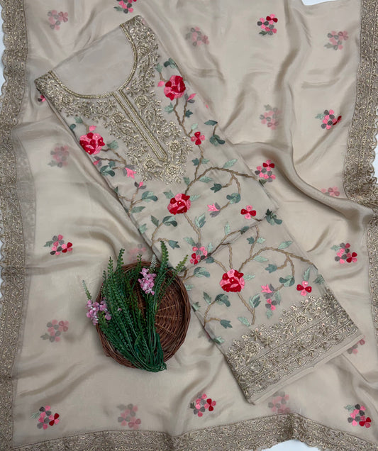 Organza Beige Suit Fabric / Partywear Collection