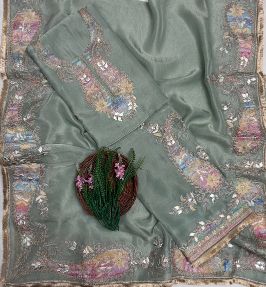 Crush Tissue Dusty Pista Green Suit Fabric / Partywear Collection