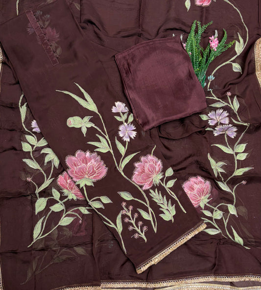 Organza Chocolate Brown Suit Fabric / Partywear Collection