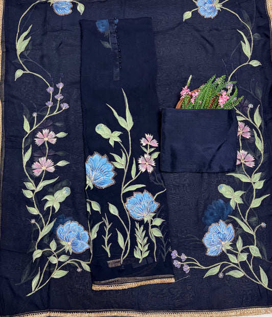Organza Navy Blue Suit Fabric / Partywear Collection