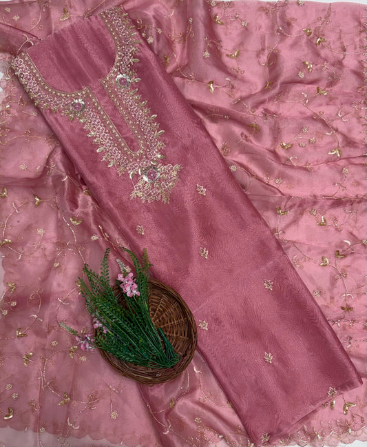 Shimmer Organza Carrot Pink Suit Fabric / Partywear Collection