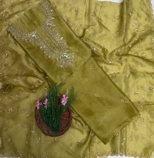 Shimmer Organza Pista Green Suit Fabric / Partywear Collection