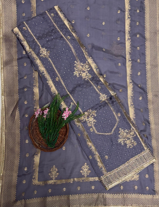 Banarasi Organza Greyish Mauve Suit Fabric / Partywear Collection