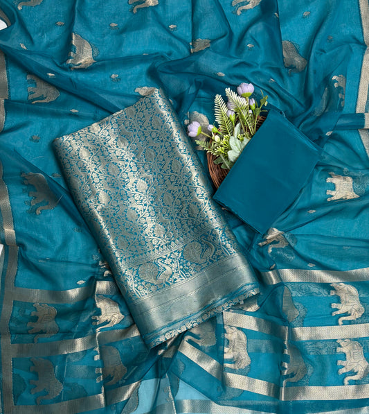 Brocade Peacock Blue Suit Fabric / Banarasi Baithak