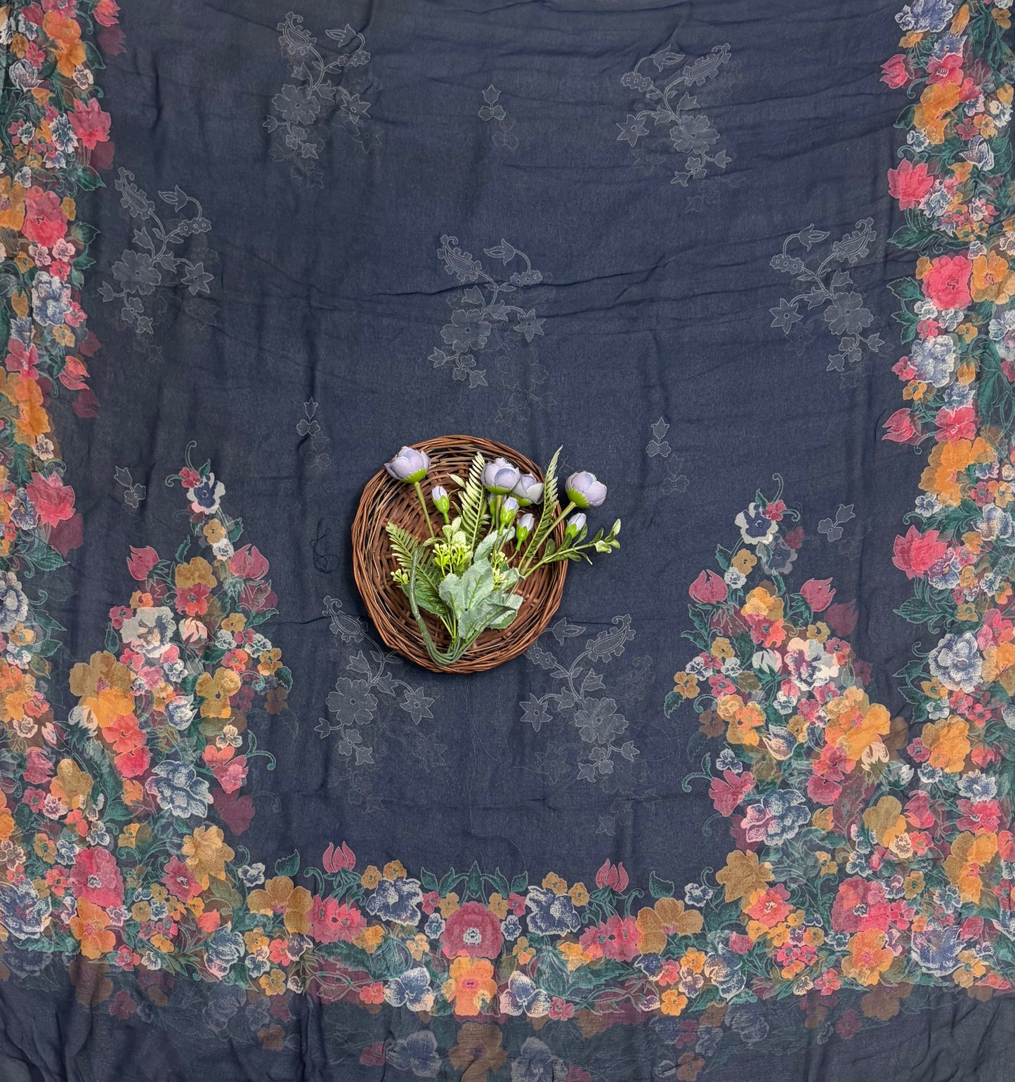 Crepe Navy Blue With Grey Suit Fabric / Phoolon Ka Ghar