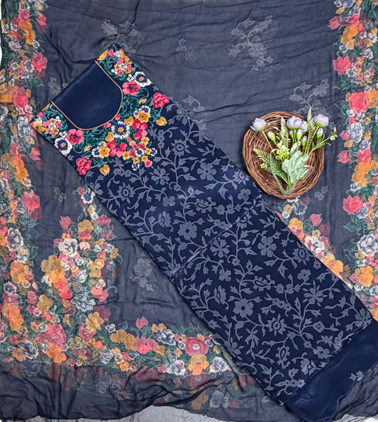 Crepe Navy Blue With Grey Suit Fabric / Phoolon Ka Ghar