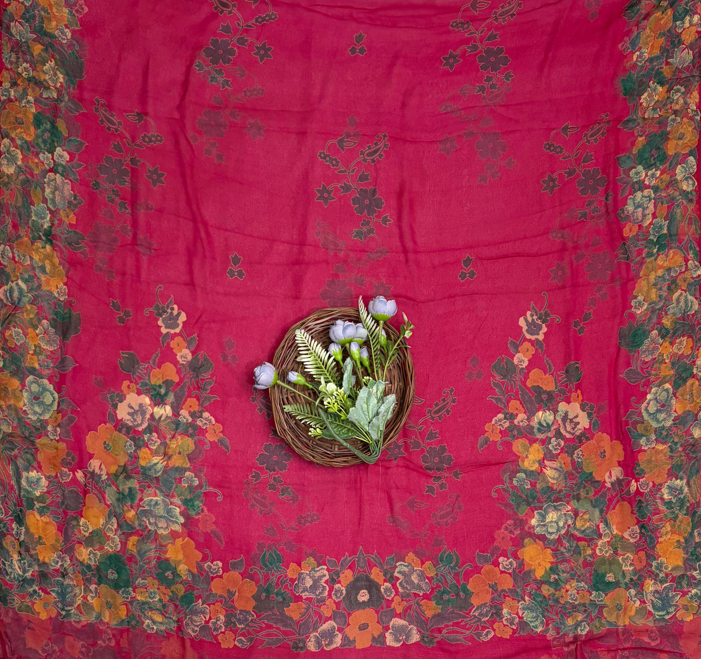 Crepe Magenta Red With Grey Suit Fabric / Phoolon Ka Ghar