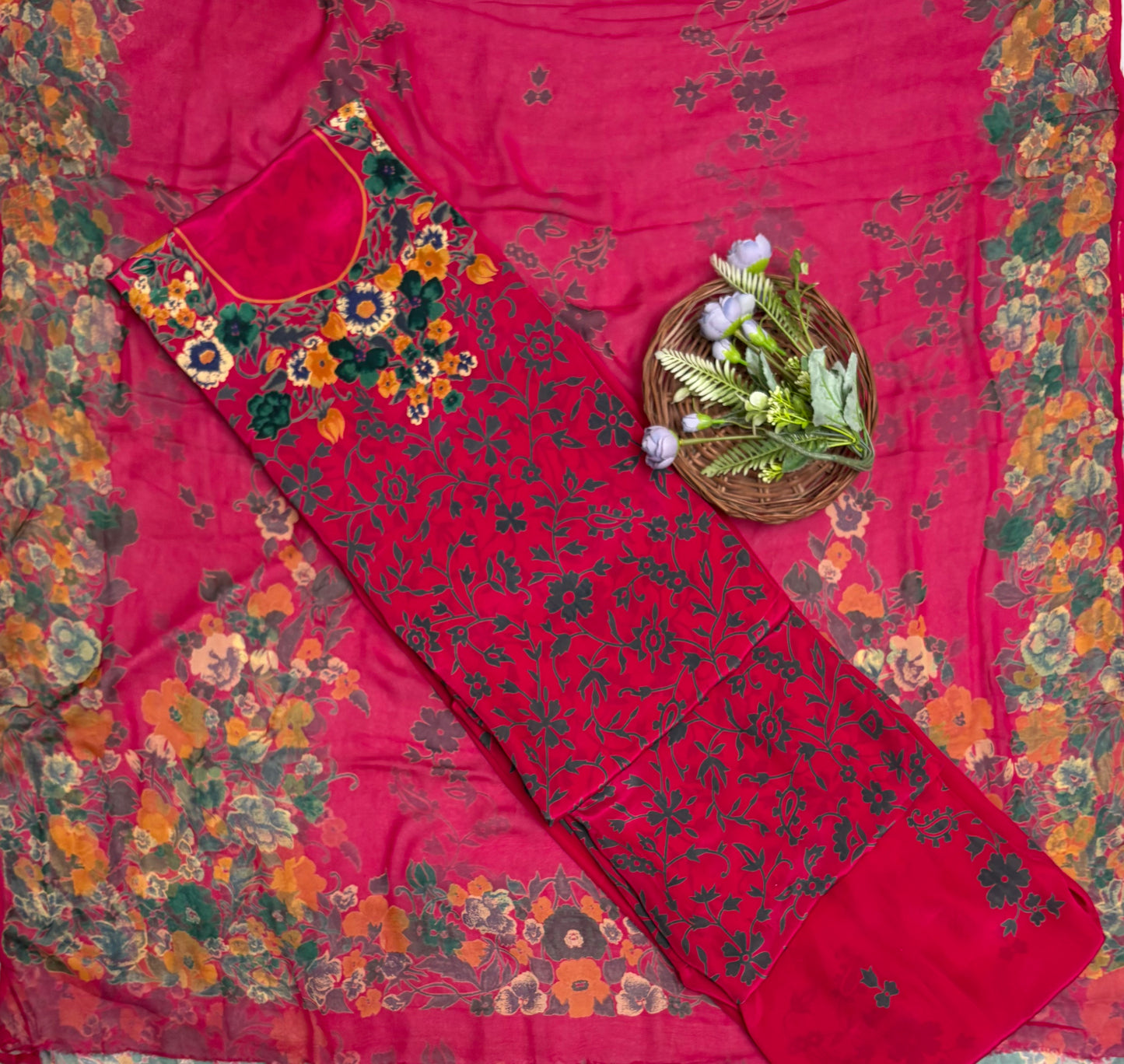 Crepe Magenta Red With Grey Suit Fabric / Phoolon Ka Ghar