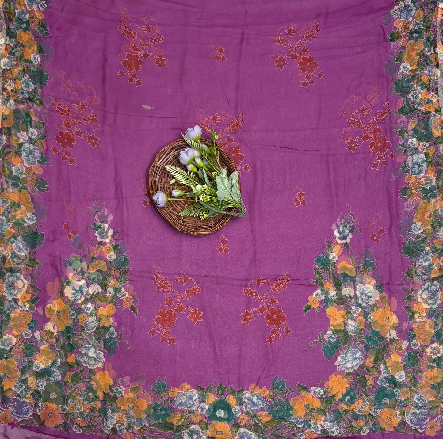 Crepe Light Purple With Orange Suit Fabric / Phoolon Ka Ghar