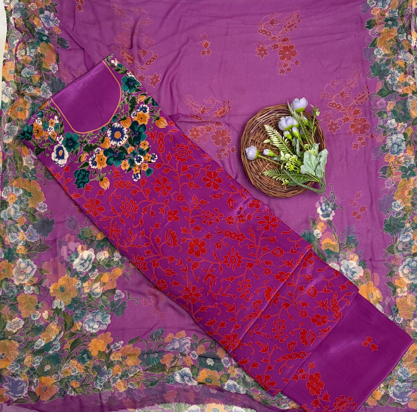 Crepe Light Purple With Orange Suit Fabric / Phoolon Ka Ghar