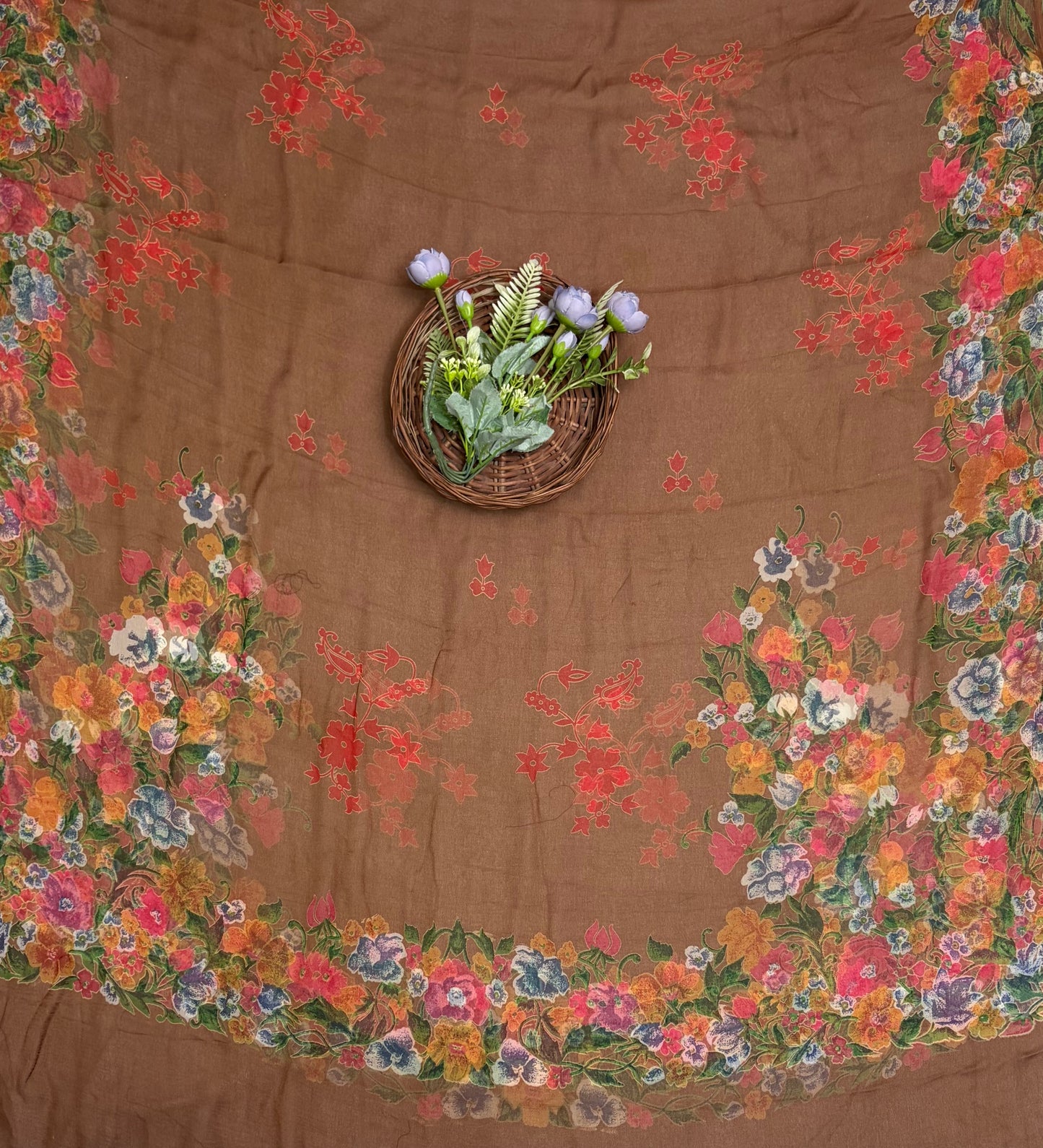Crepe Brown With Orange Suit Fabric / Phoolon Ka Ghar