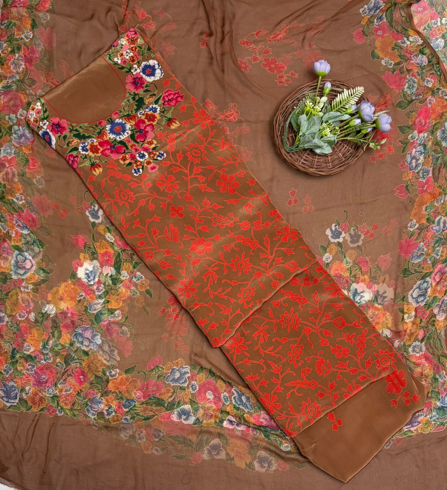 Crepe Brown With Orange Suit Fabric / Phoolon Ka Ghar