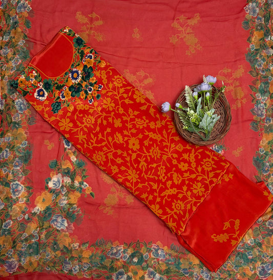 Crepe Orange With Yellow Suit Fabric / Phoolon Ka Ghar
