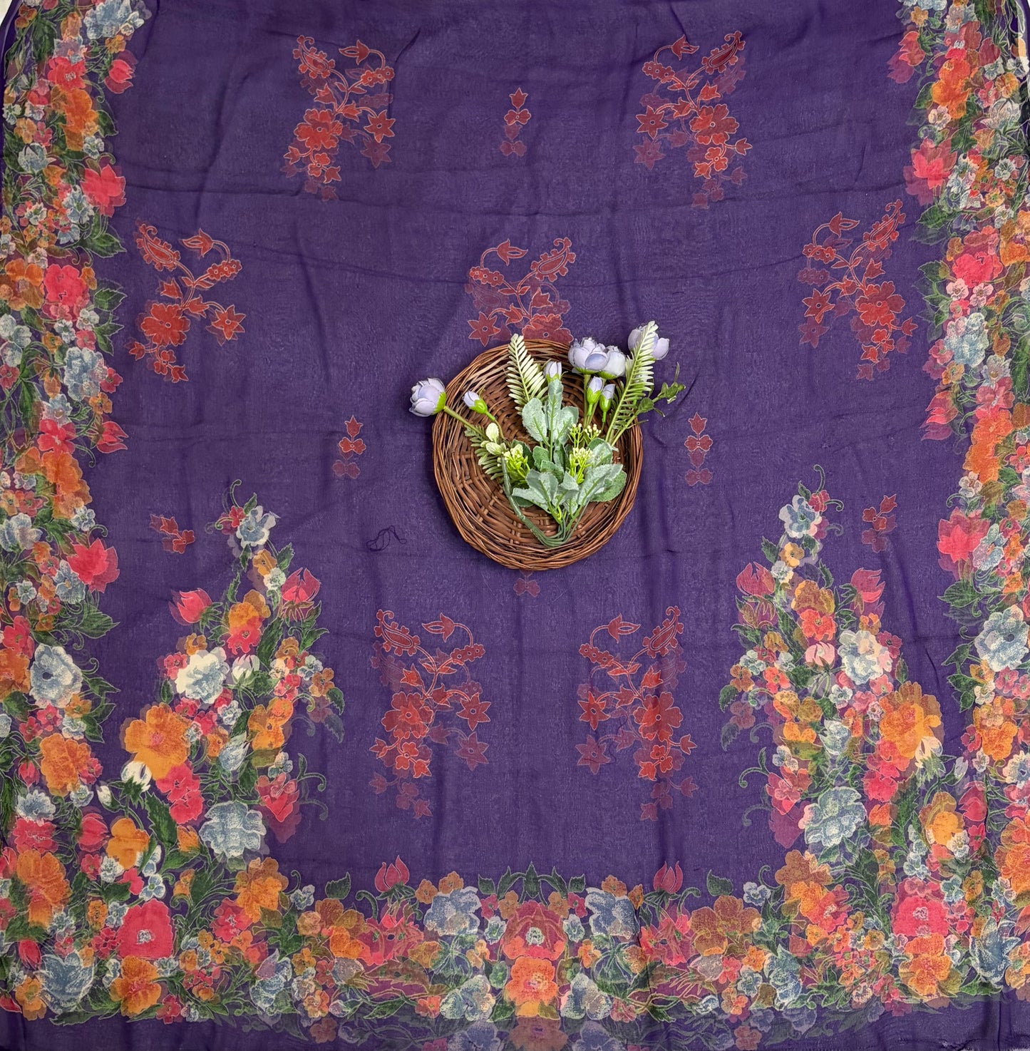 Crepe Dark Purple With Orange Suit Fabric / Phoolon Ka Ghar