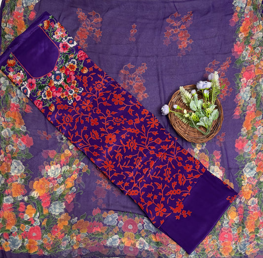 Crepe Dark Purple With Orange Suit Fabric / Phoolon Ka Ghar