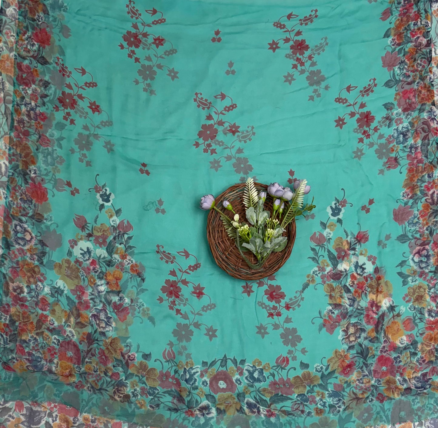Crepe Sea Green With Red Suit Fabric / Phoolon Ka Ghar