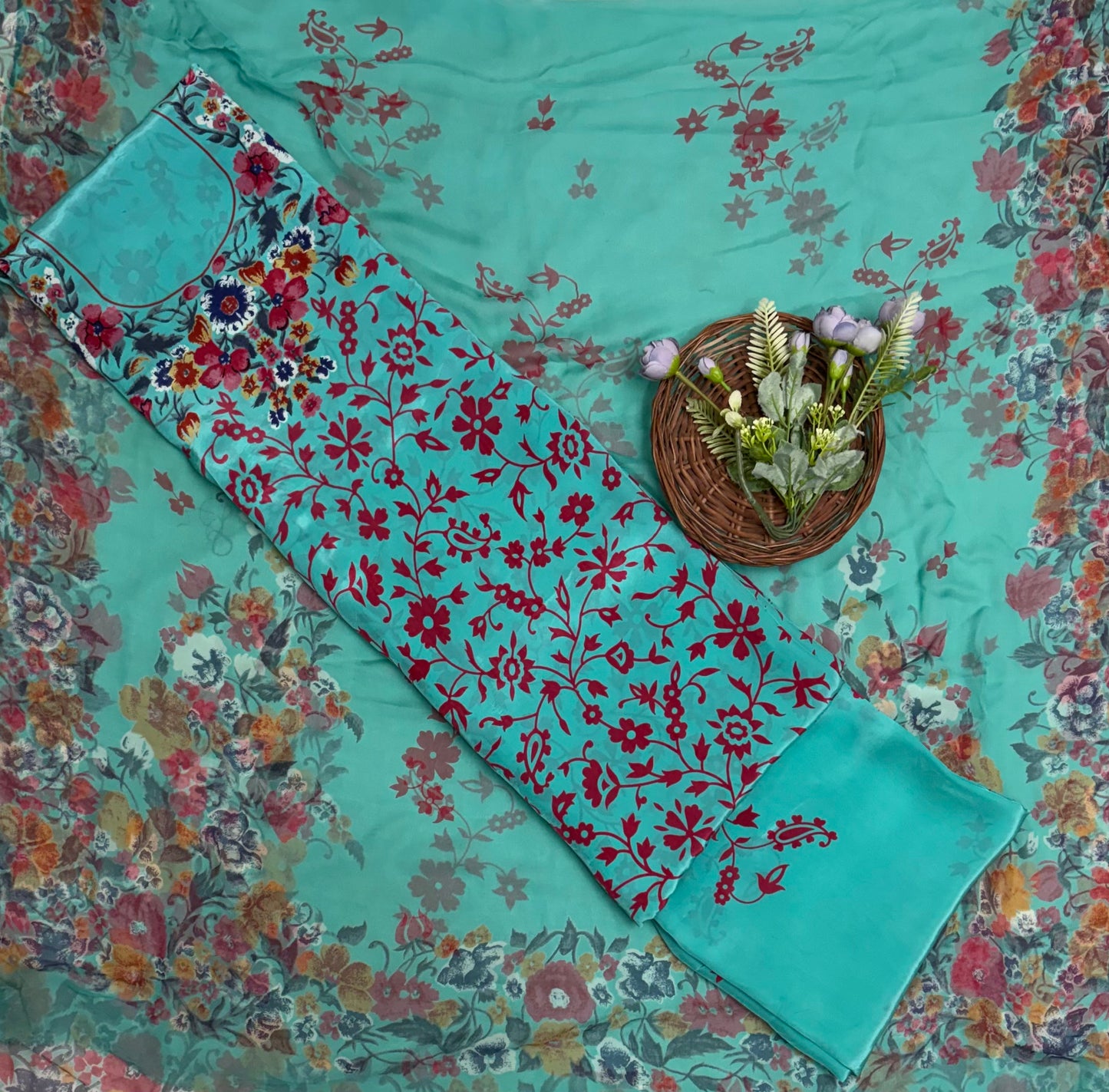 Crepe Sea Green With Red Suit Fabric / Phoolon Ka Ghar