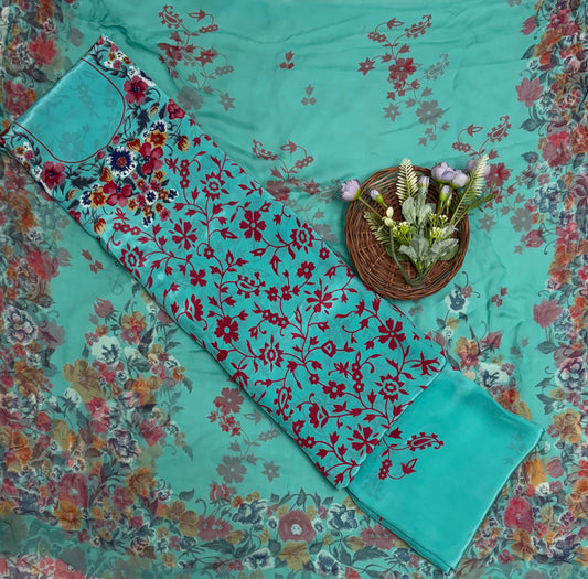 Crepe Sea Green With Red Suit Fabric / Phoolon Ka Ghar