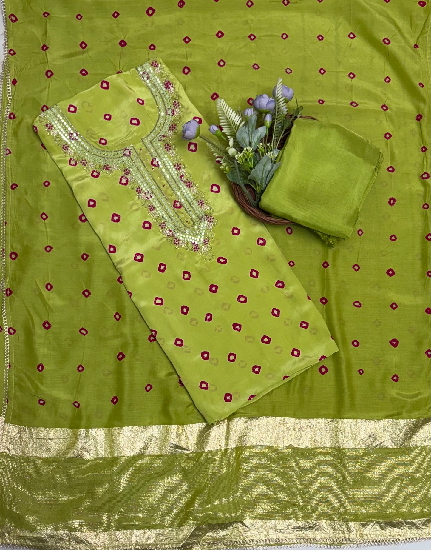 Jaipuri Crepe Parrot Green Suit Fabric / Jaipuri Suits