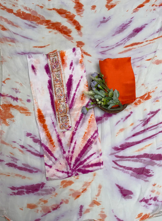 Jaipuri Cotton Purple With Orange Suit Fabric / Jaipuri Suits
