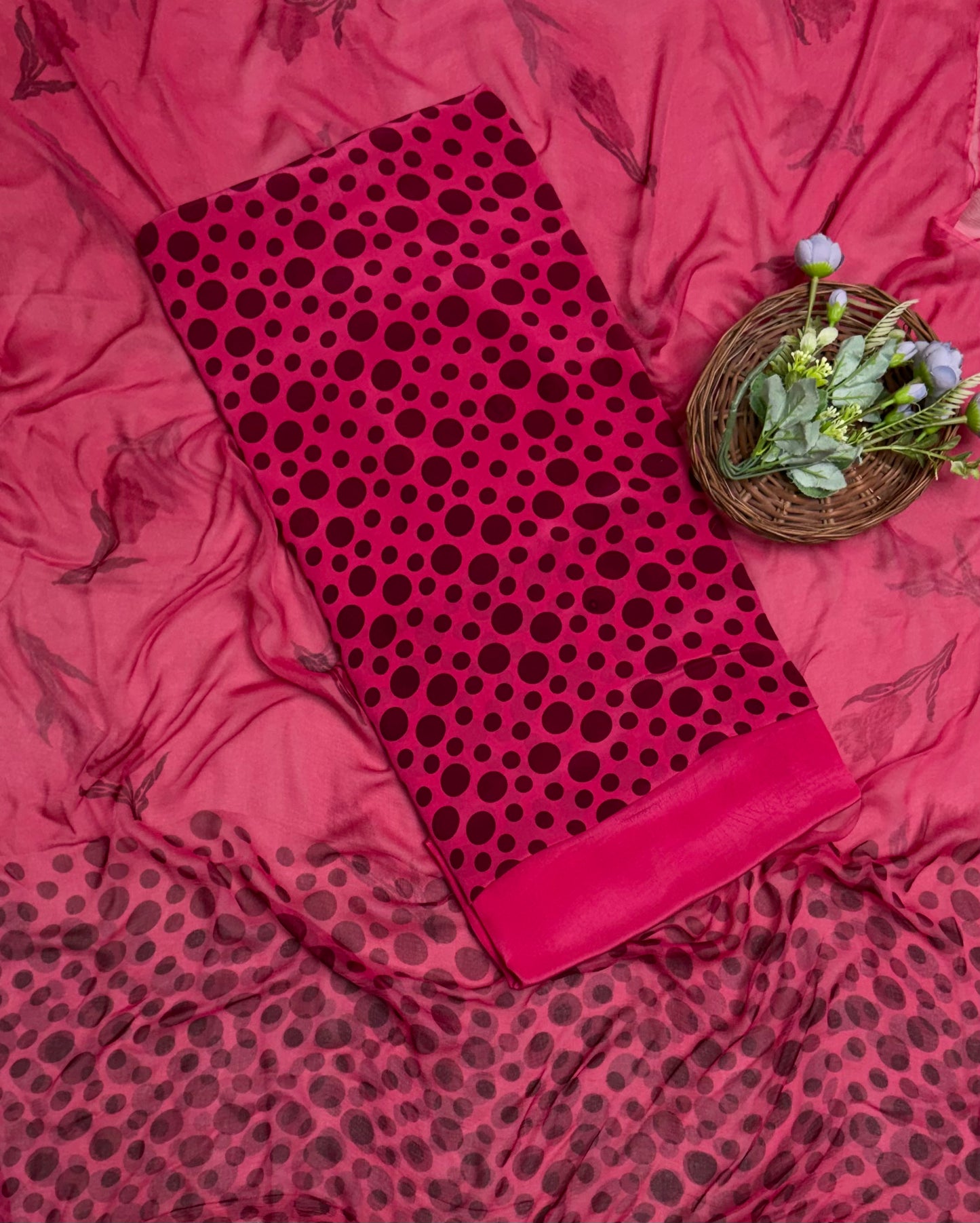 Crepe Polka Pink Suit Fabric/ Polka Story