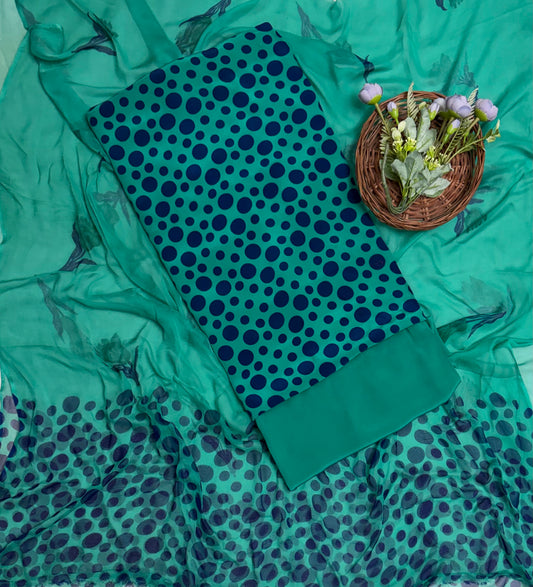 Crepe Polka Sea Green Suit Fabric/ Polka Story