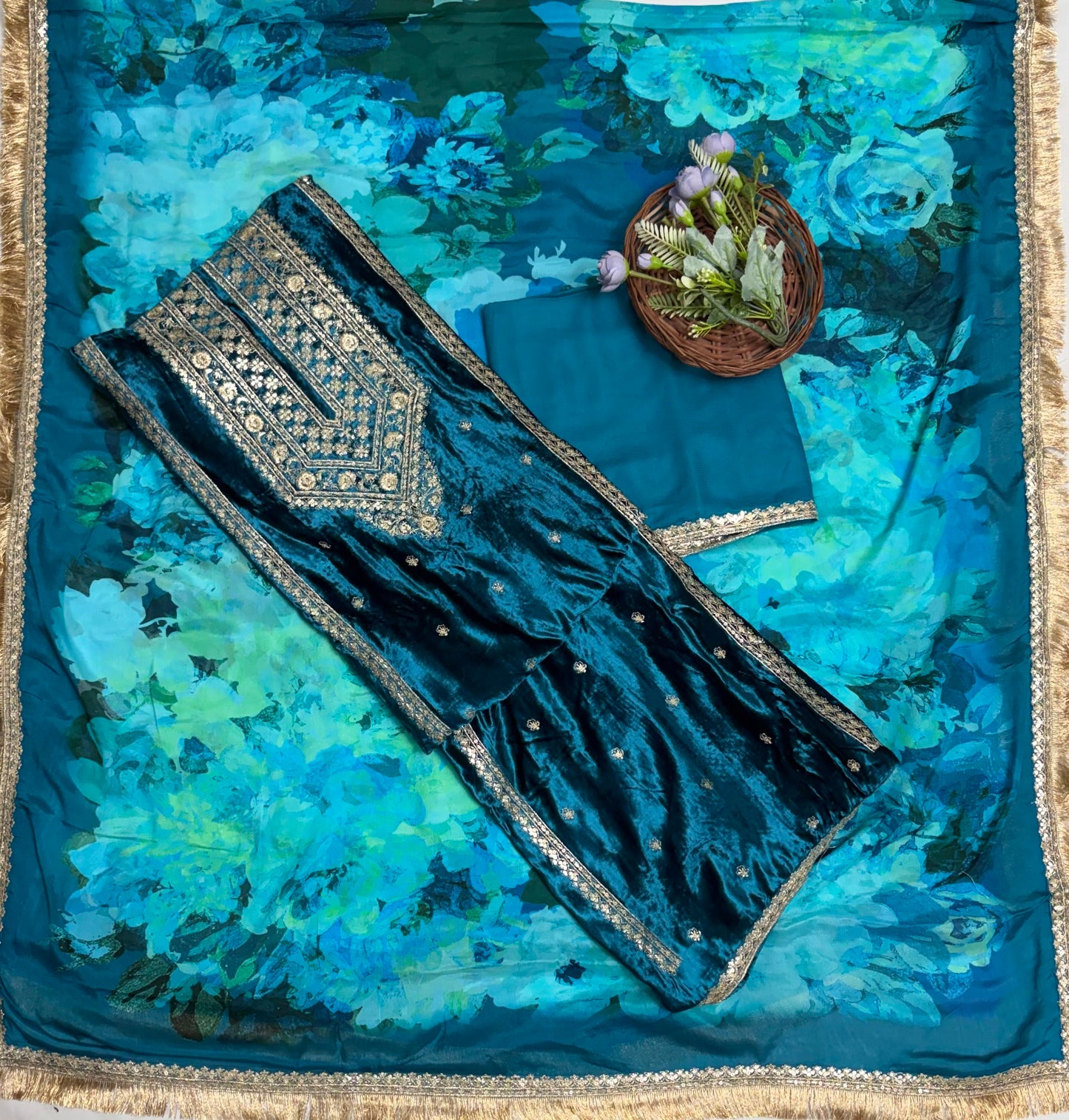 Velvet Peacock Blue Suit Fabric/ Velvet Suits