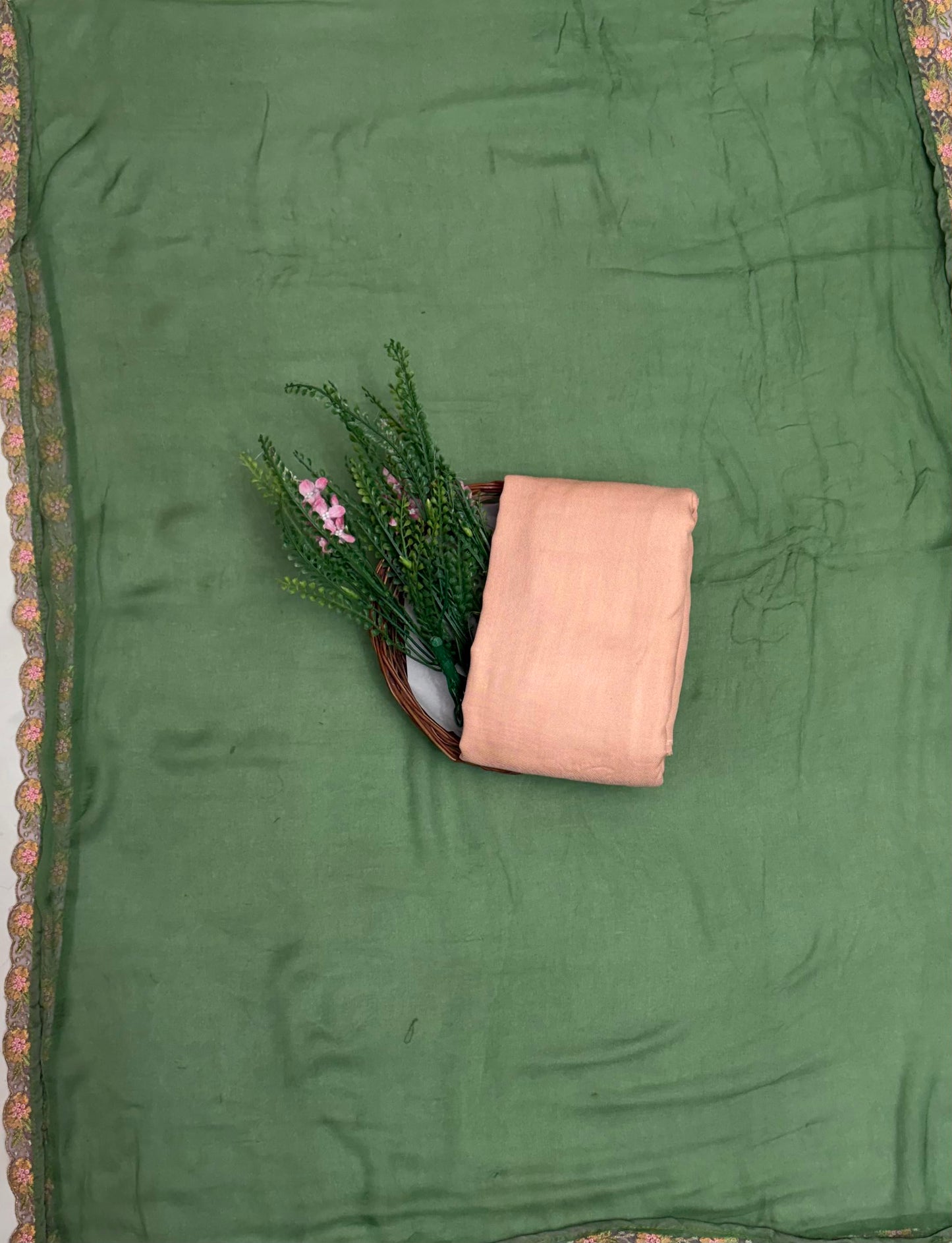 Velvet Peach With Green Suit Fabric / Velvet Suits