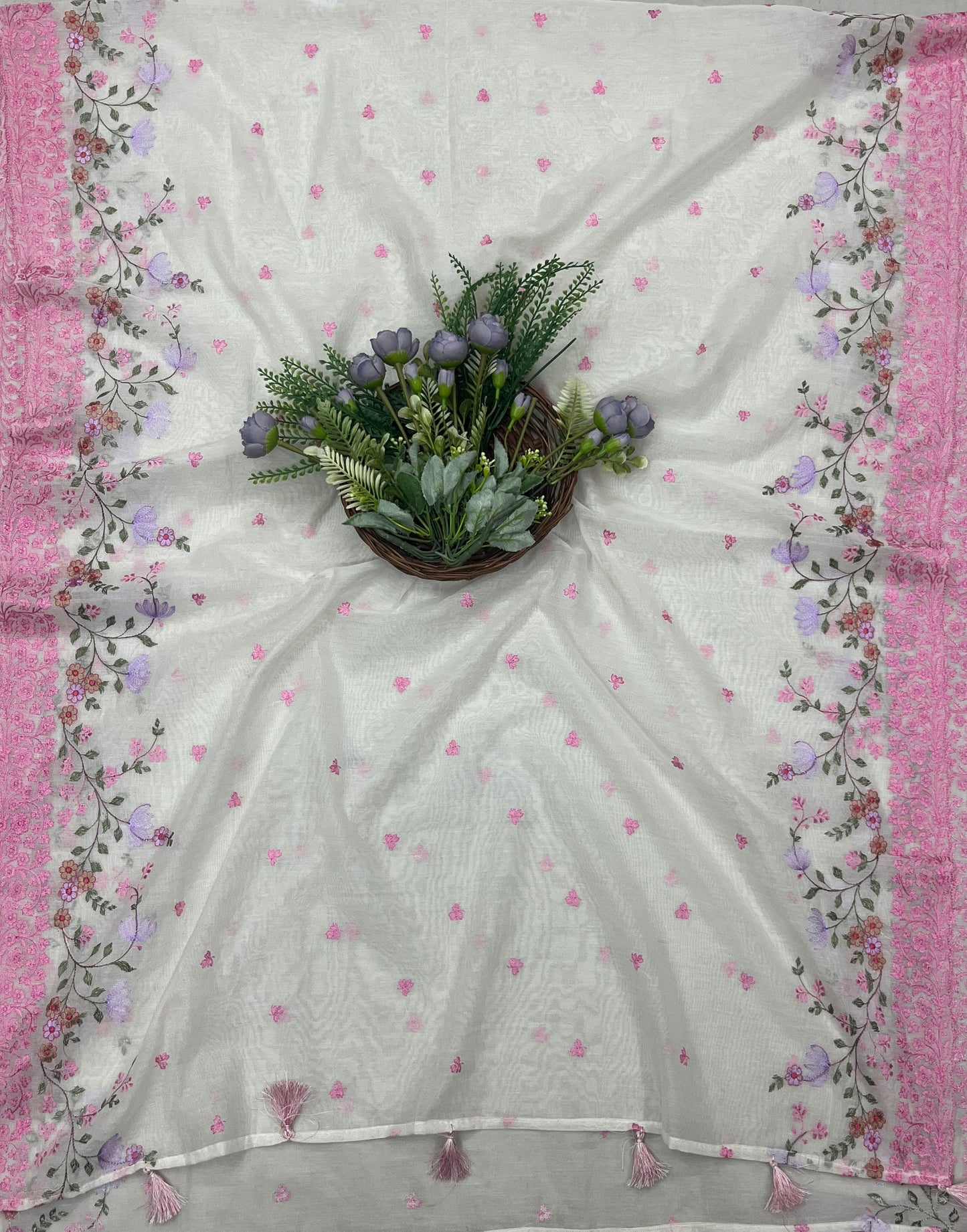 506B Mul Cotton Off White With Pink suit Fabric/ CKC Mul Cotton