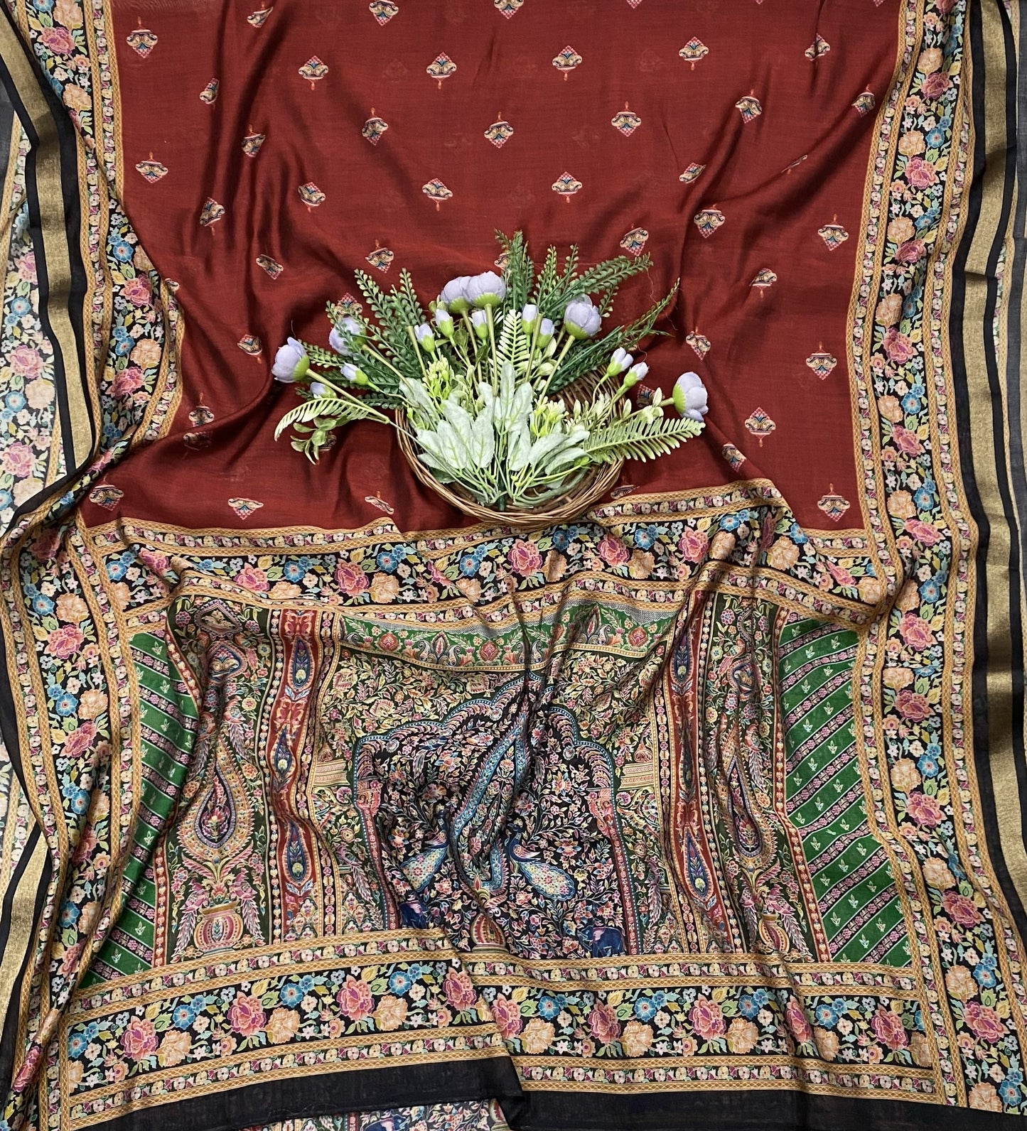 382B Mahashwari Black With Maroon Suit Fabric / CKC Maheshwari Suits