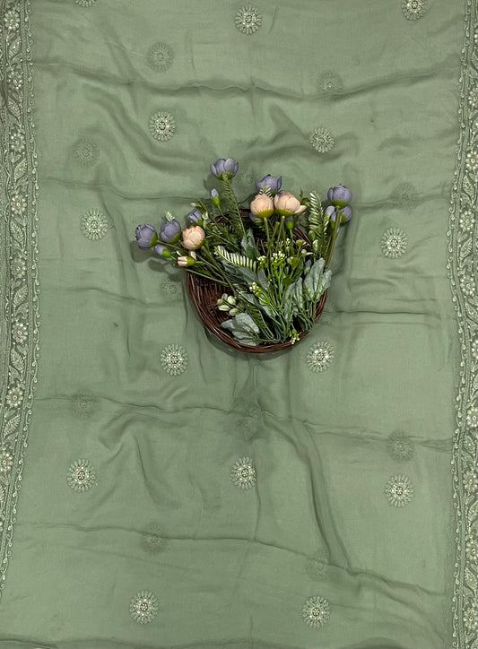 673A Lakhnavi Georgette Dusty Green Suit Fabric / CKC Lakhnavi Suits
