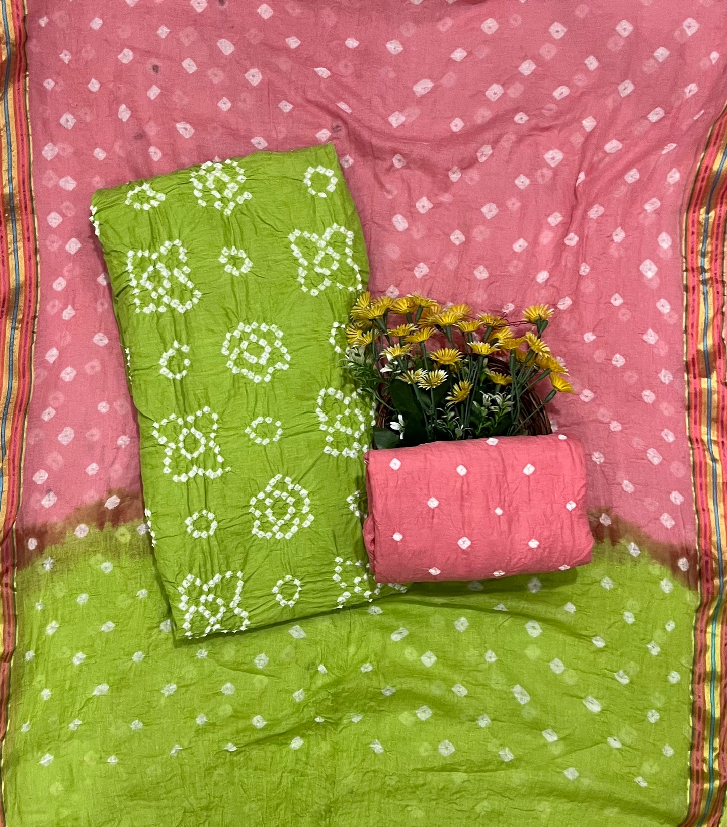 Jaipuri Green With Pink Suit Fabric / CKC Jaipuri Suits