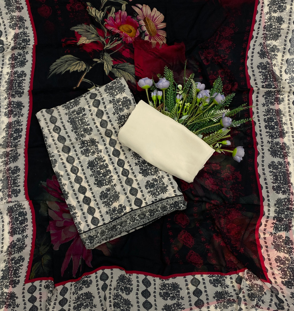 Georgette Black And Cream Suit Fabric - Studio CKC