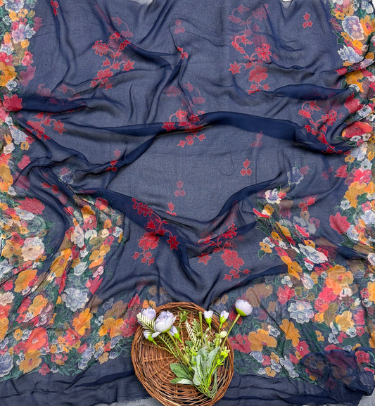 Crepe Dark Navy Blue Suit Fabric / Phoolon Ka Ghar