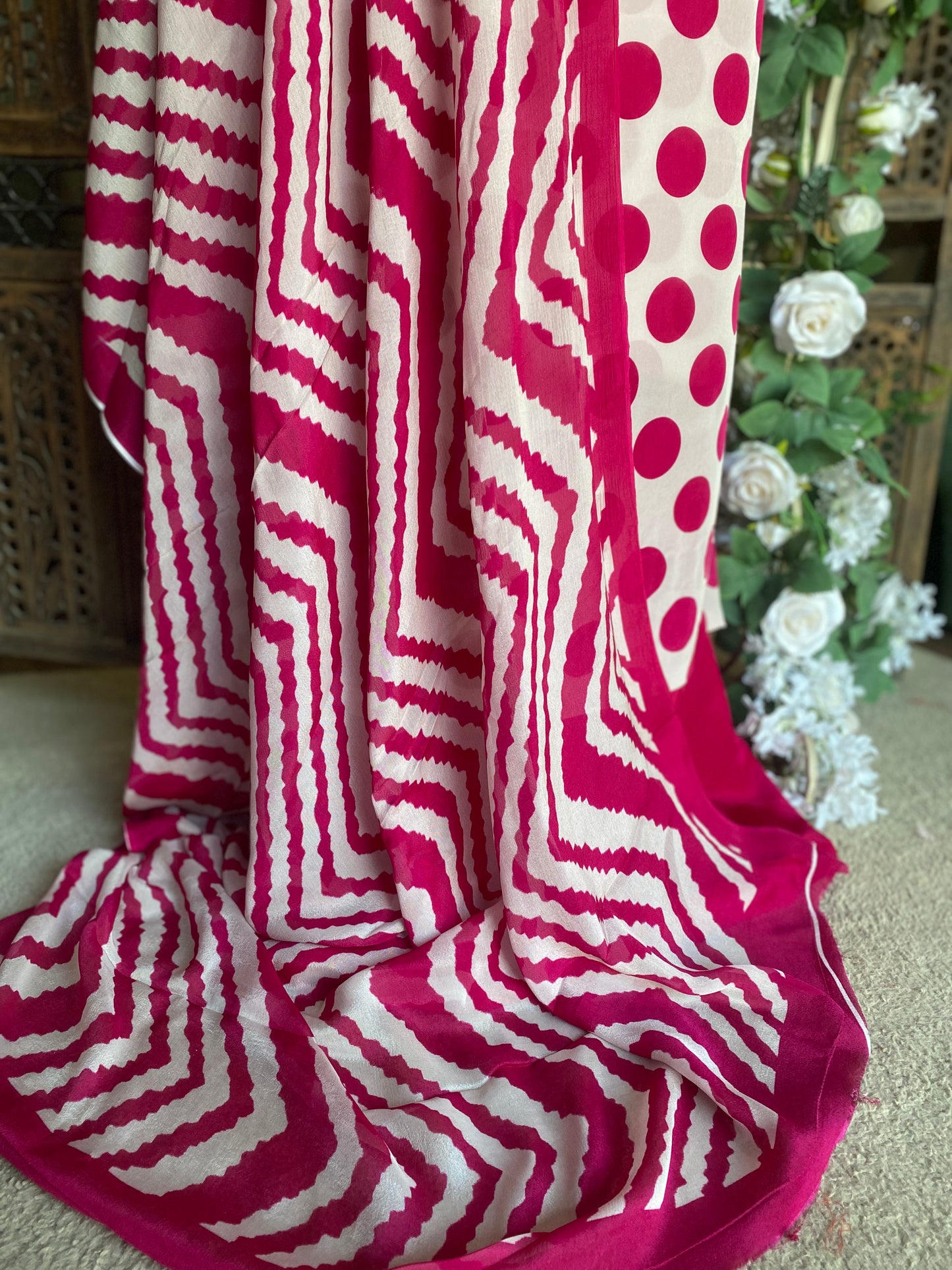 Crepe Magenta With Cream Suit Fabric / Polka Story