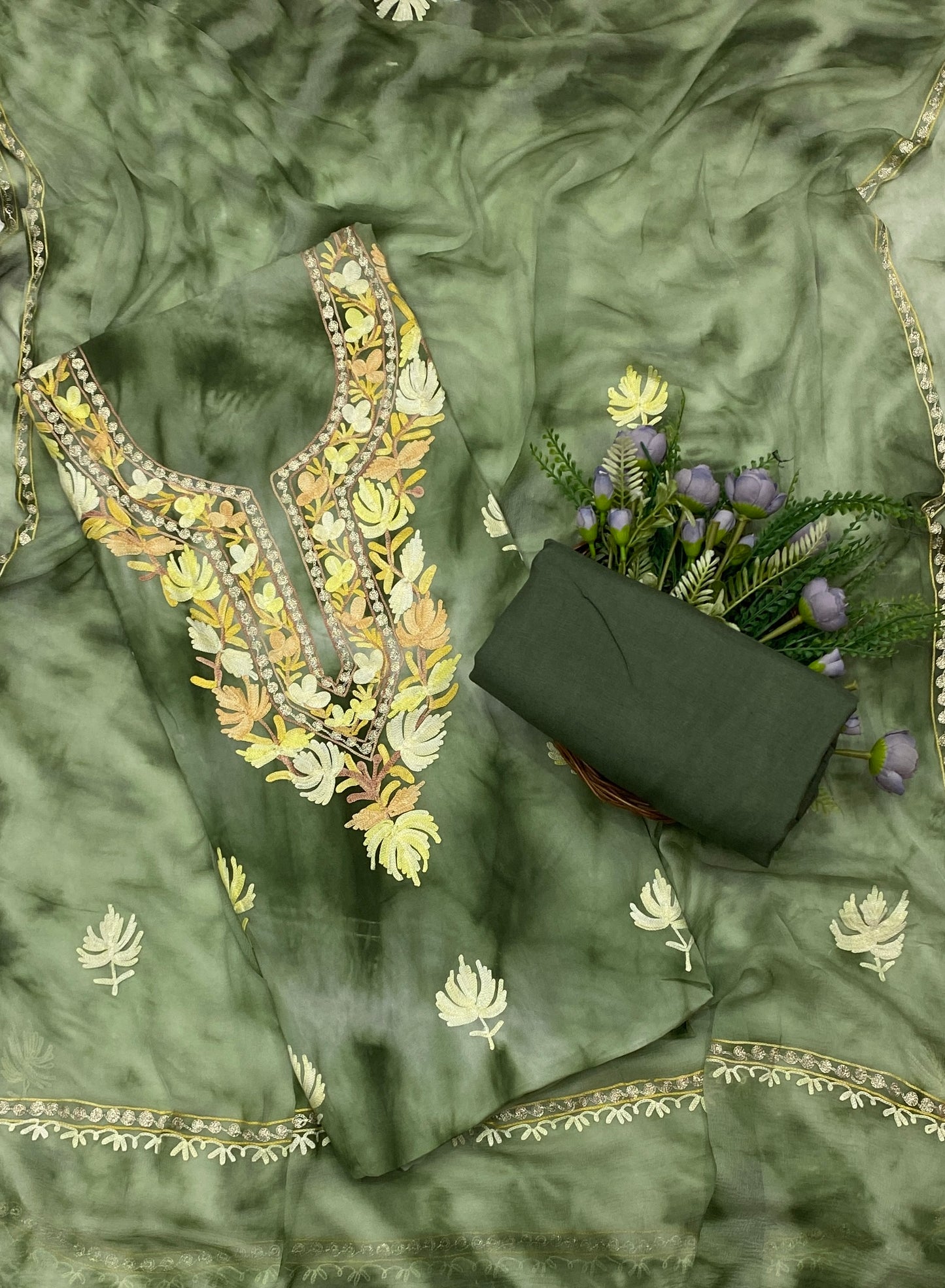105C Georgette Aari Dusty Green Fabric / CKC Georgette Suits