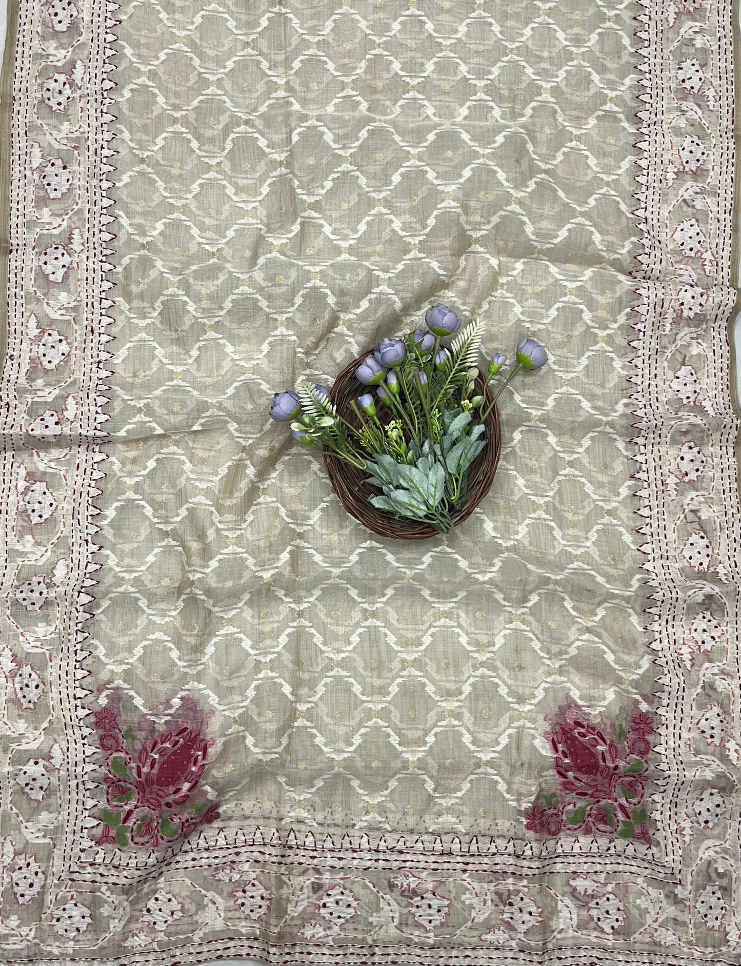 Ckc 168 Jamdani White With Pink Suit Fabric / CKC Jamdani Suits