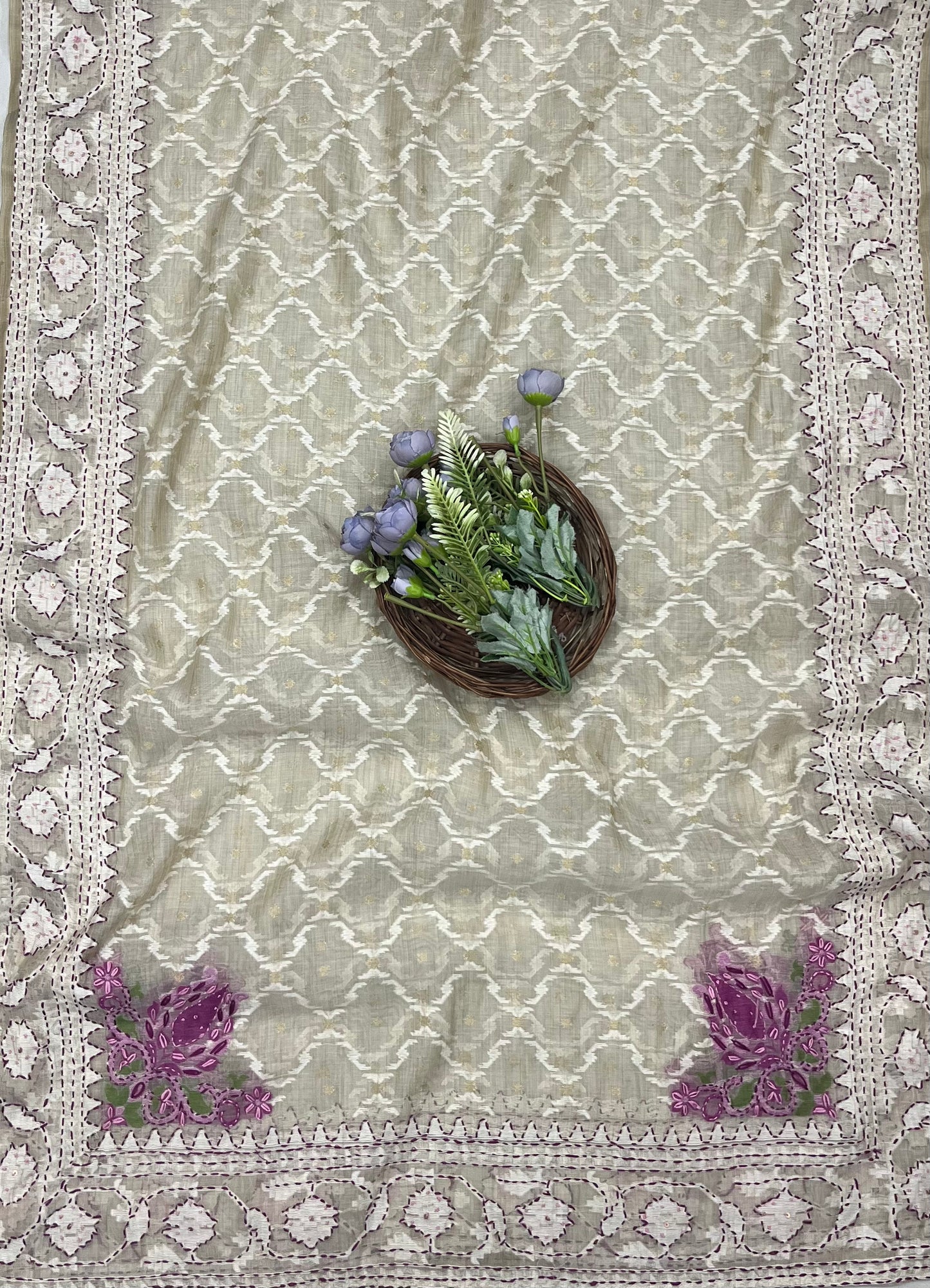 Ckc 167 Jamdani White With Purple Suit Fabric / CKC Jamdani Suits