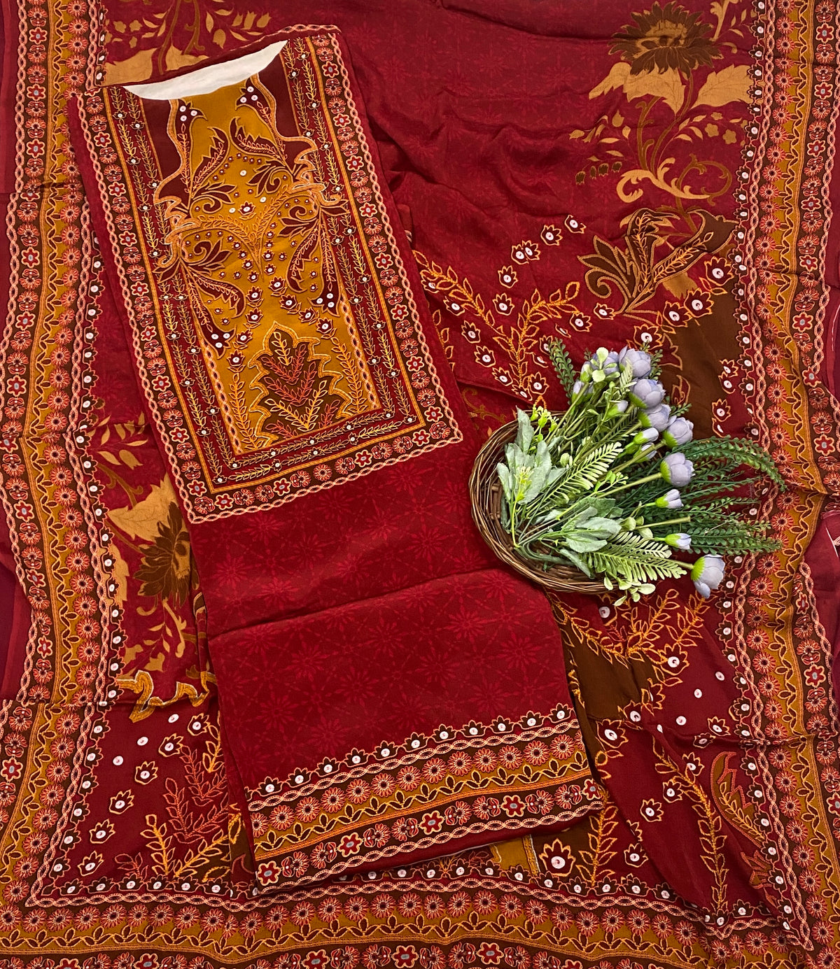 Crepe Red With Mustard Suit Fabric - Studio CKC