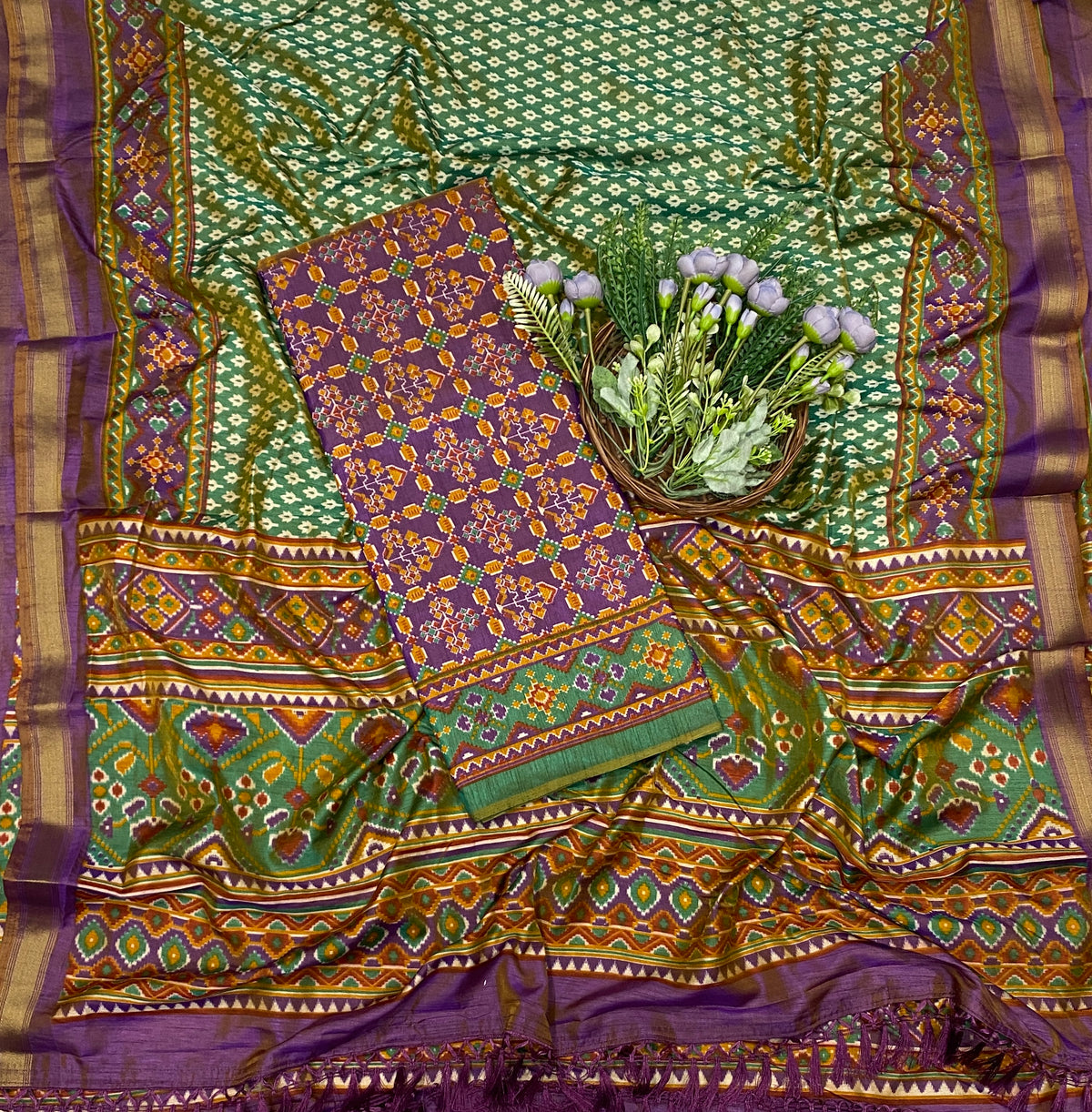 Patola Silk Purple With Green Suit Fabric - Studio CKC