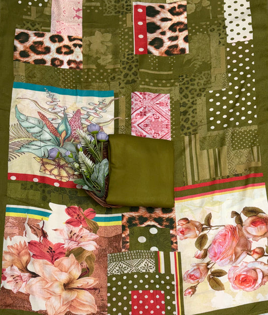 Pashmina Print Mehndi Green Suit Fabric / CKC Winter Suits