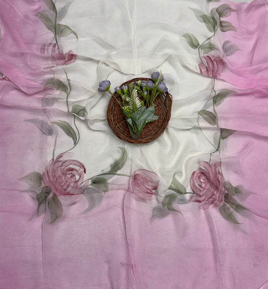 241A Mal Chanderi Pink Suit Fabric/ CKC Hand Painted Suits