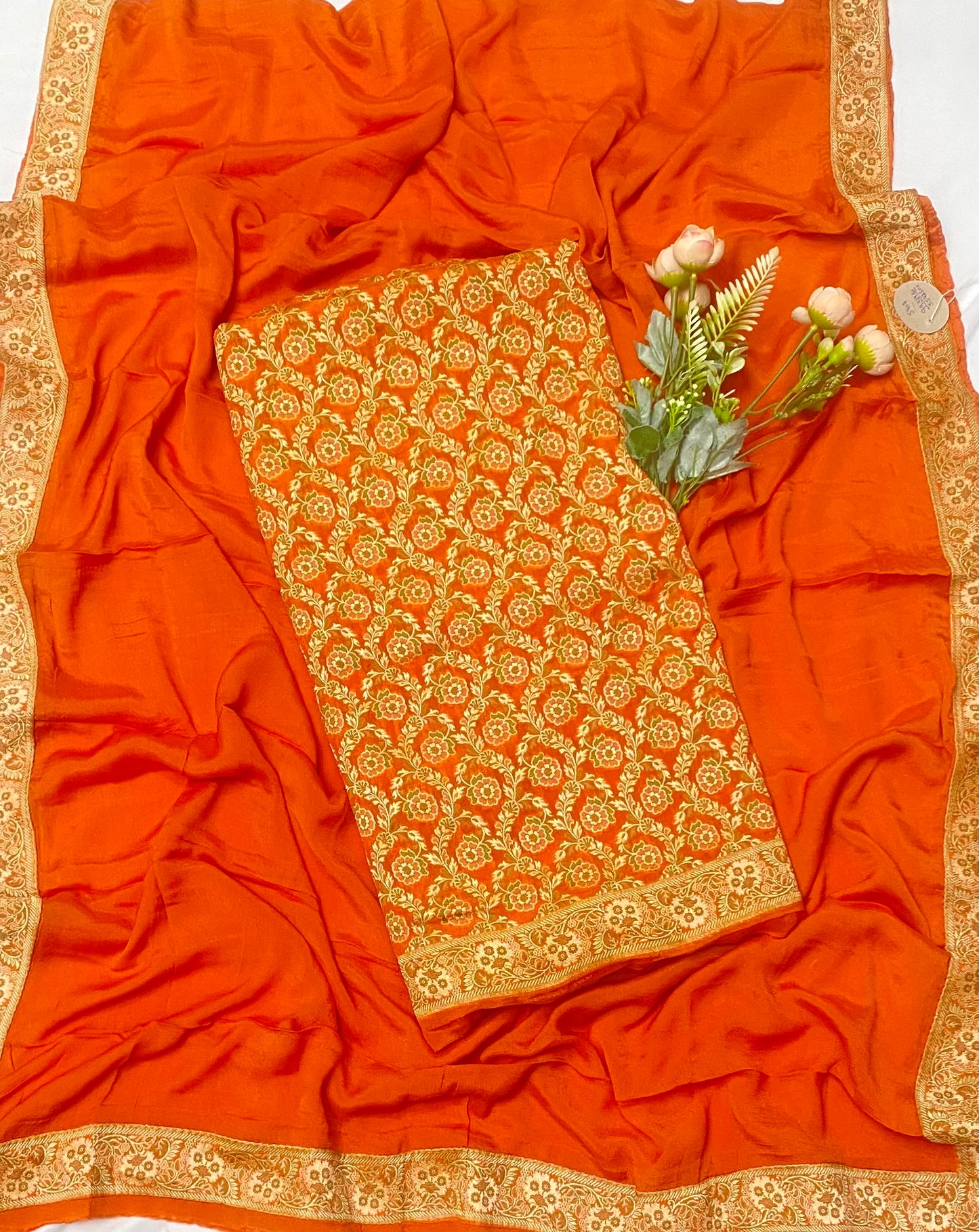 Pure Khaddi Georgette Orange Suit Fabric / Banarasi Baithak