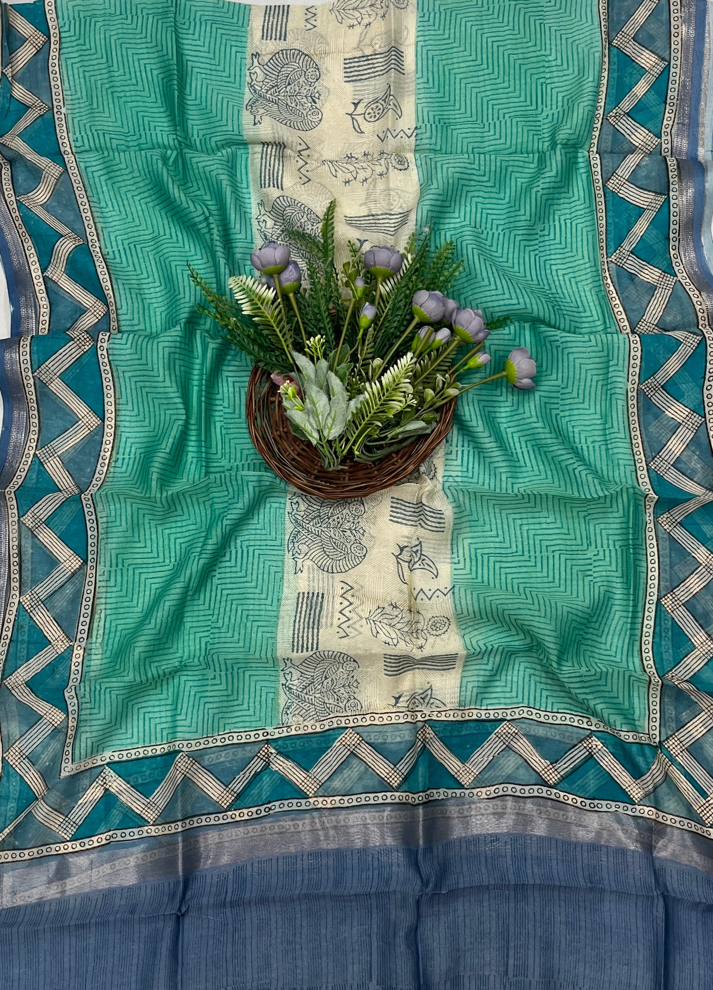 854B Pure Mul Cotton Beige With Blue Suit Fabric / CKC Mul Cotton