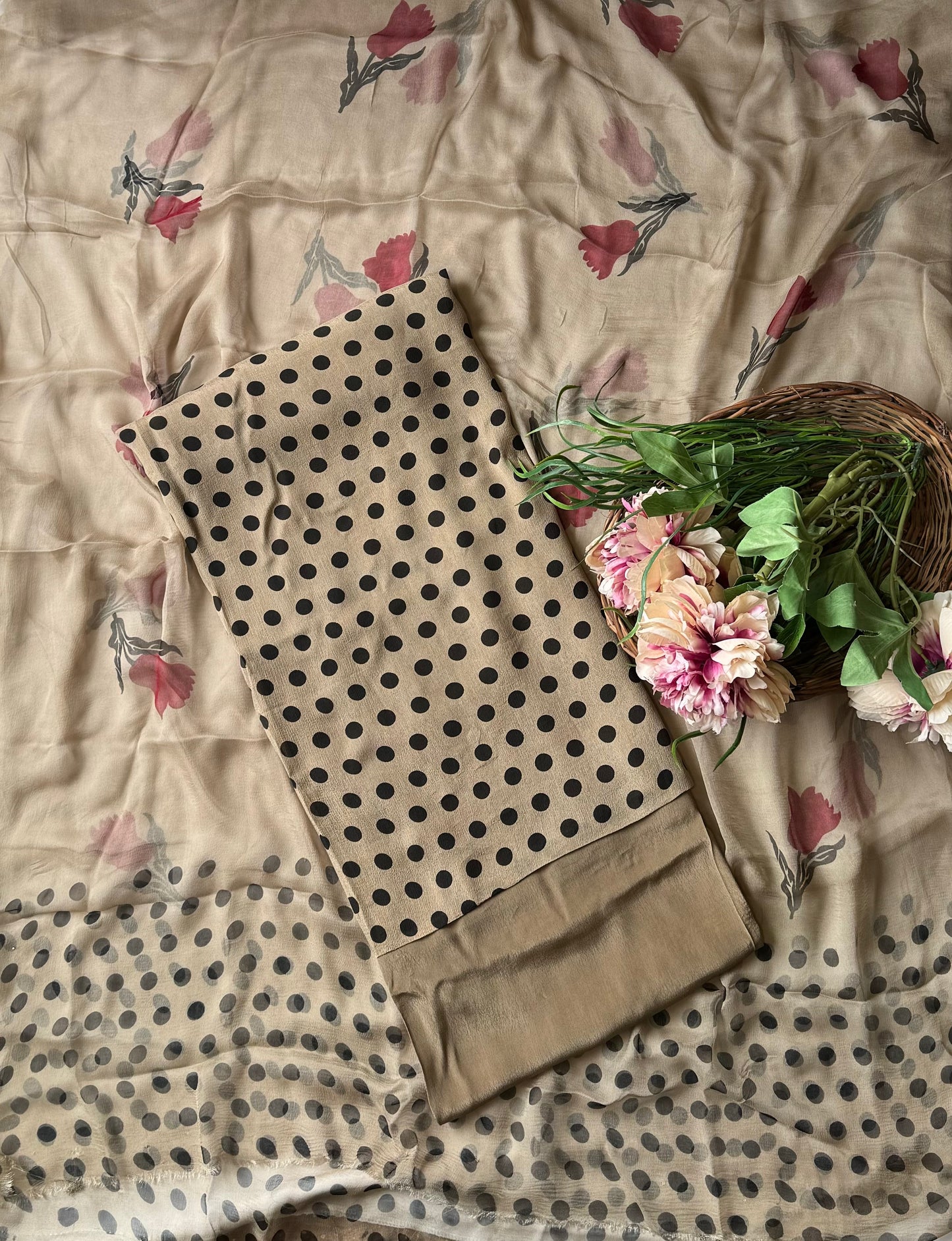 Chinon Polka Dot Dusty Dark Beige With Red Flower Suit Fabric / Polka Story
